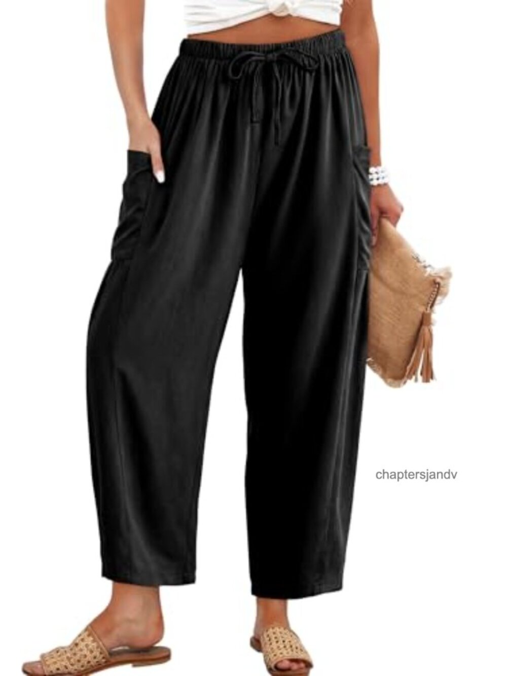 Womens Cotton Linen Wide Leg Palazzo Harem Pants Drawstring Lounge Trousers